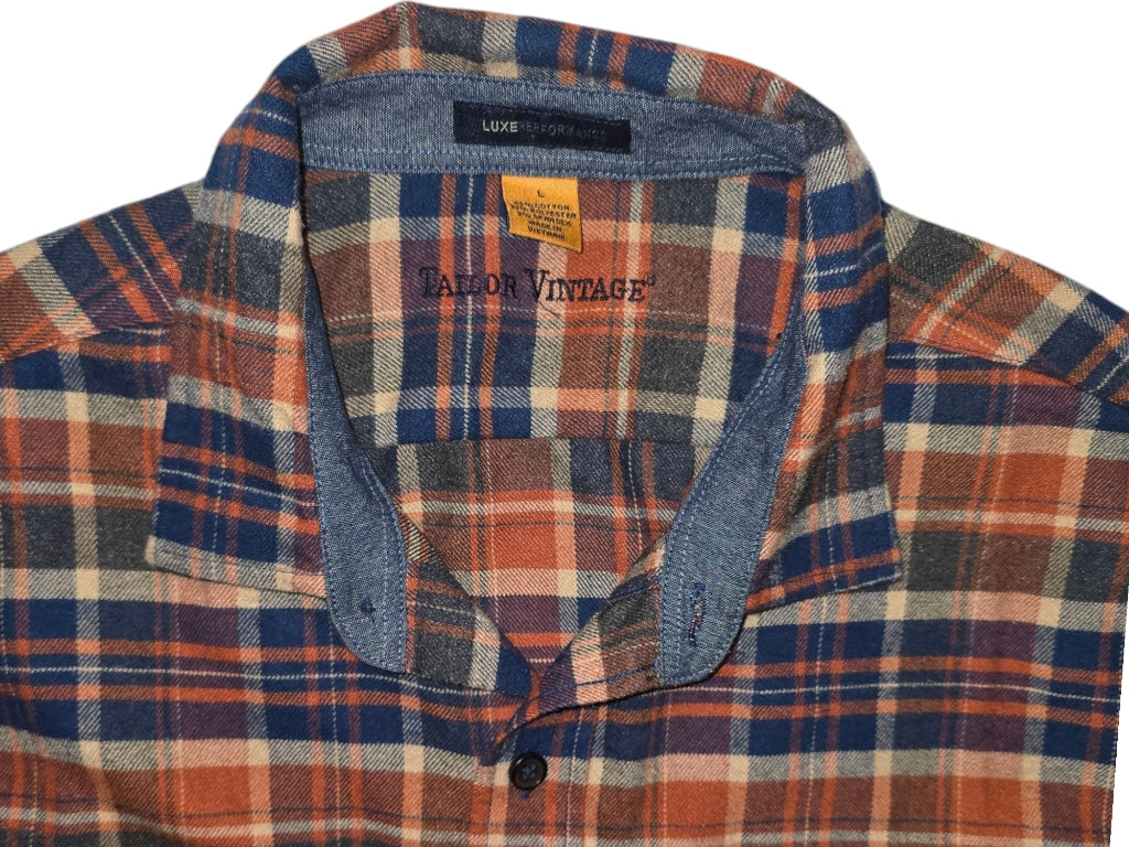 Men's Tailor Vintage Luxe Performance Flannel Shirt Medium Orange Blue Plaid L