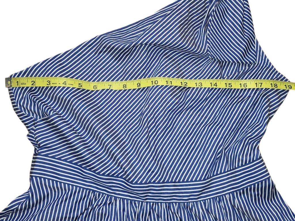 Women ECI Dress Blue White Striped Size 10 One Shoulder Bow Detail Fit & Flare