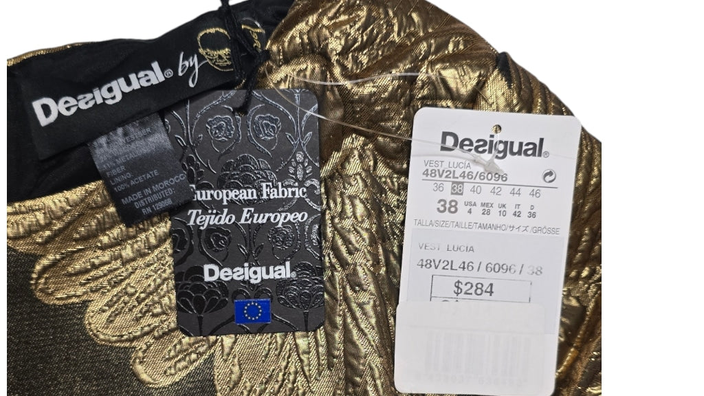Women's Desigual Vest Gold Floral Lucia Dress Size 38 US 8 Mini HOLIDAY