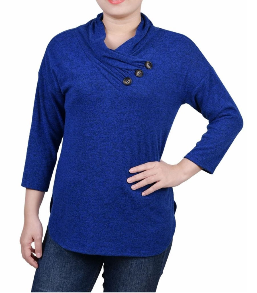 Women's NY Collection Blouse PM Blue Petite 3/4 Sleeve Crossover Cowl Neck Top