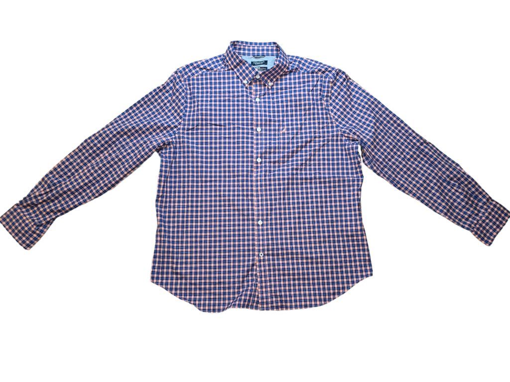 Men's Nautica Flex Wrinkle Resistant Blue Peach Pink Plaid Button Down Shirt XL