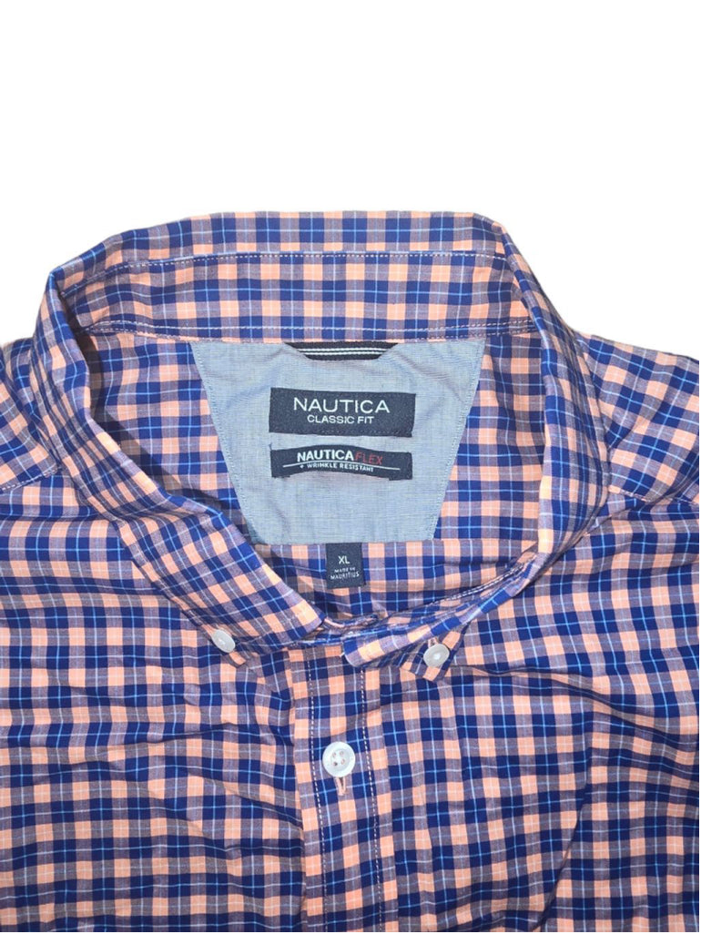 Men's Nautica Flex Wrinkle Resistant Blue Peach Pink Plaid Button Down Shirt XL