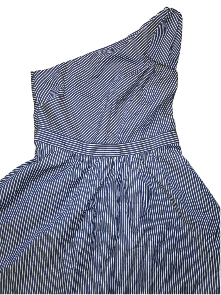 Women ECI Dress Blue White Striped Size 10 One Shoulder Bow Detail Fit & Flare
