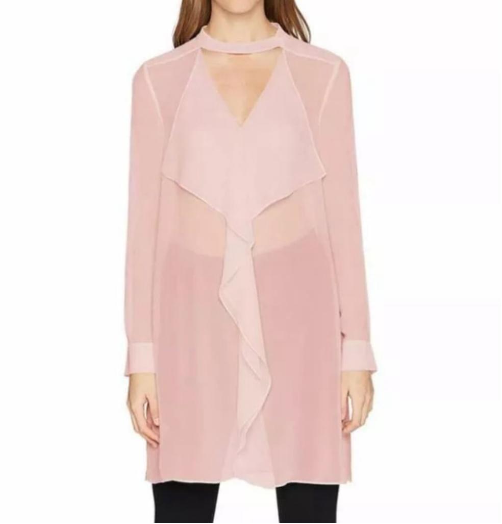 Women's BCBGeneration Pink Ruffle Trim Sheer Blouse Size XS Tunic Ruffle Top