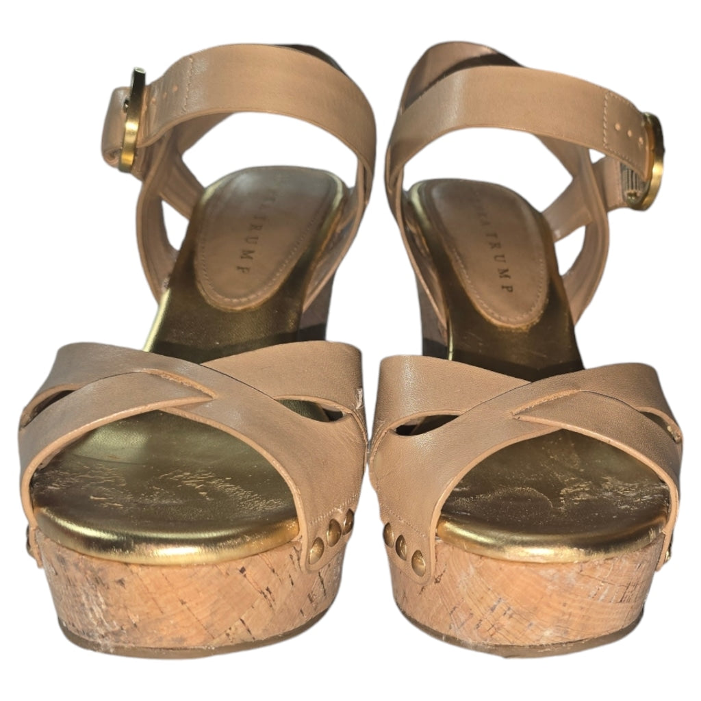Vintage Women's Ivanka Trump Ithalina Beige Cork Wedge Leatger Sandals Size 8.5