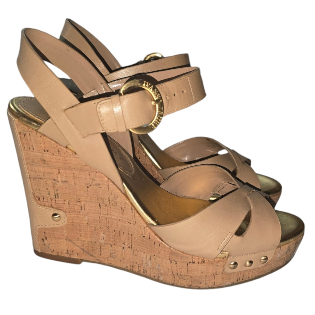 Vintage Women's Ivanka Trump Ithalina Beige Cork Wedge Leatger Sandals Size 8.5