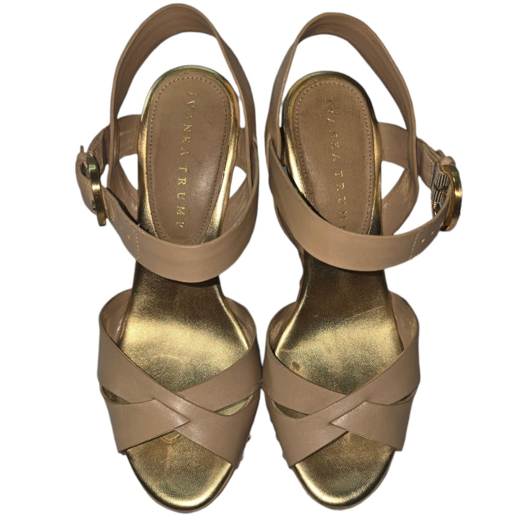 Vintage Women's Ivanka Trump Ithalina Beige Cork Wedge Leatger Sandals Size 8.5