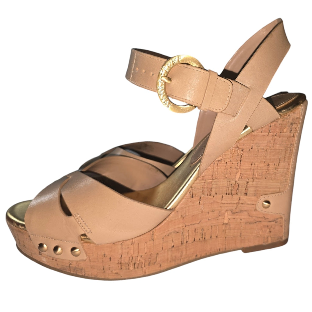 Vintage Women's Ivanka Trump Ithalina Beige Cork Wedge Leatger Sandals Size 8.5
