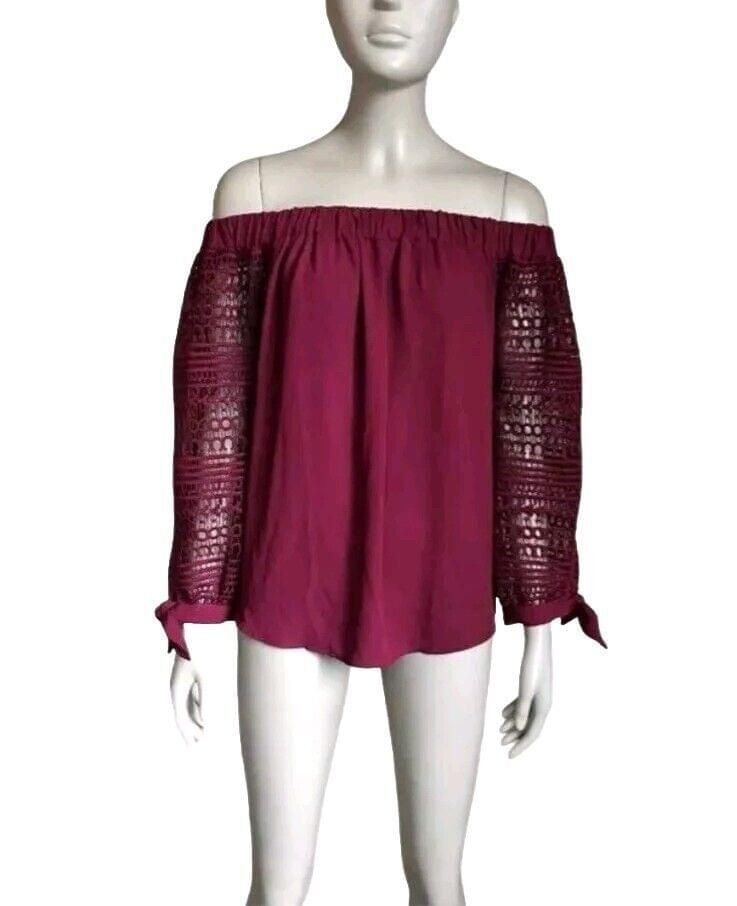 Express Off Shoulder Burgundy Crochet 3/4 Tie Sleeve Top XS