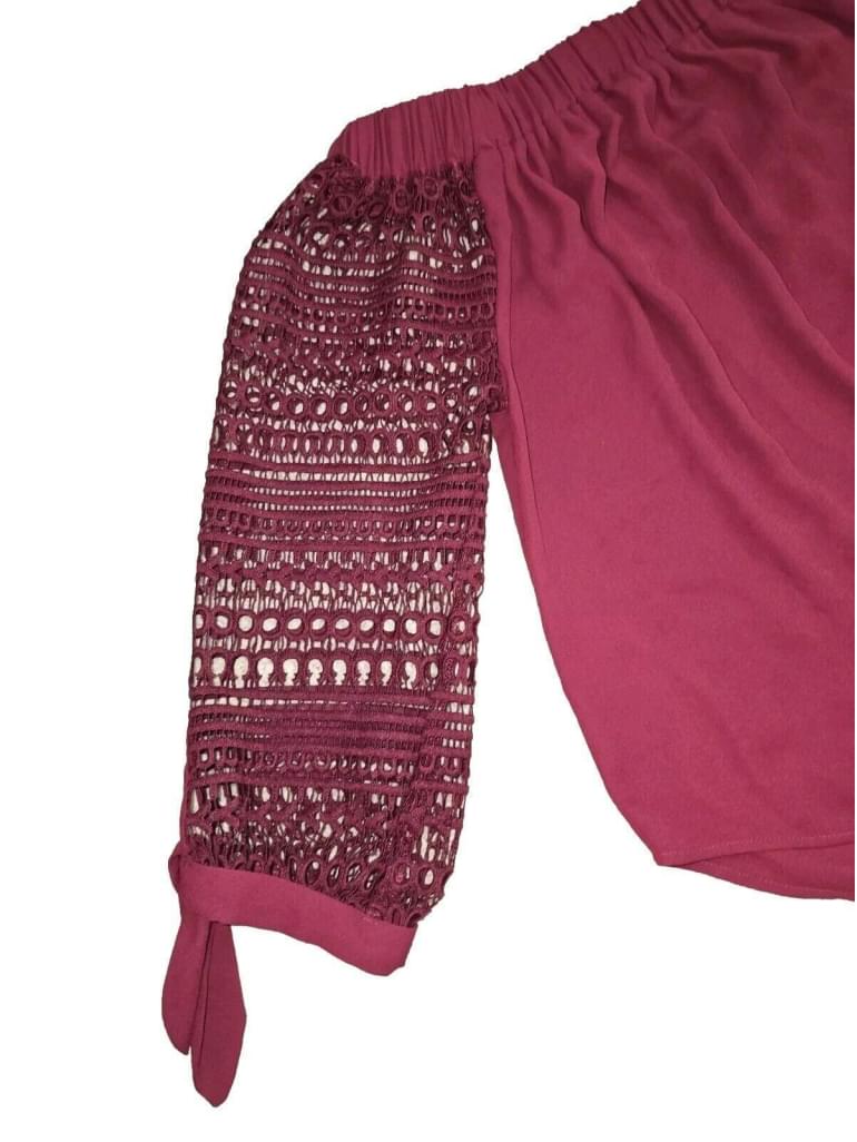 Express Off Shoulder Burgundy Crochet 3/4 Tie Sleeve Top XS