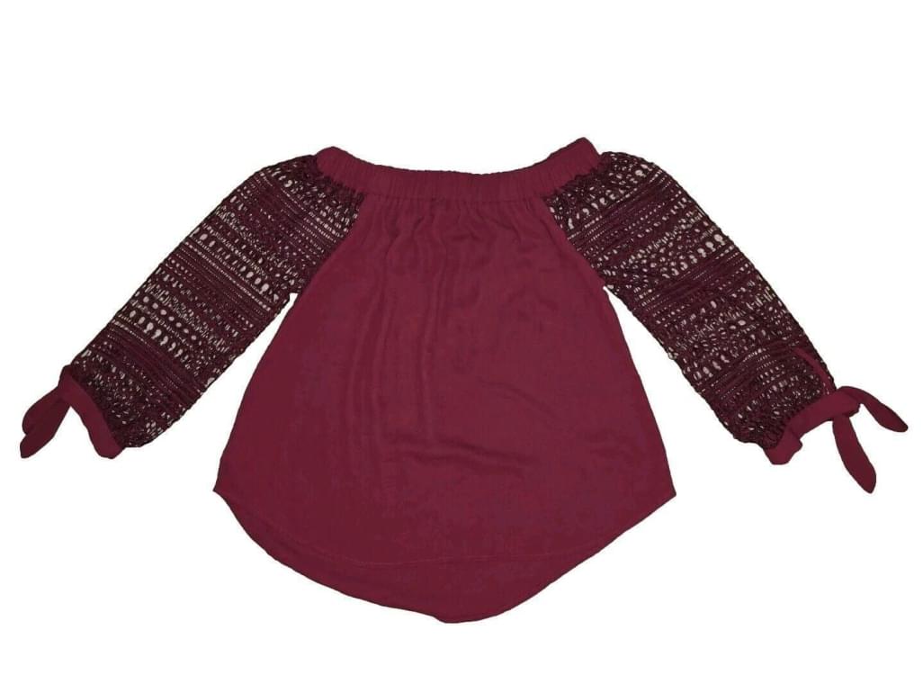Express Off Shoulder Burgundy Crochet 3/4 Tie Sleeve Top XS