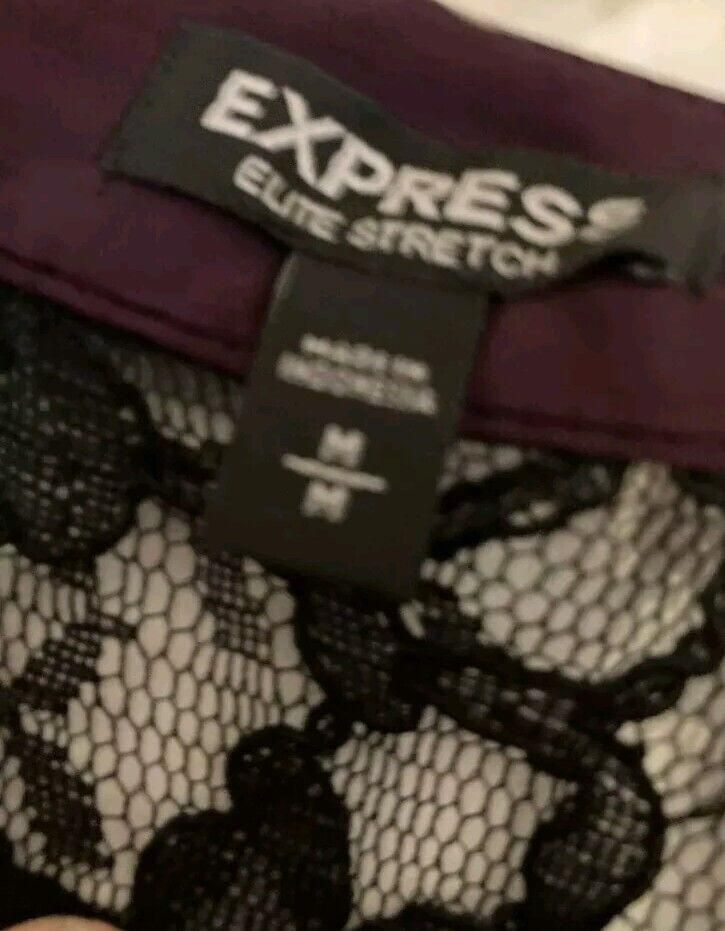EXPRESS ELITE STRETCH BURGANDY BLACK LACE CAP SLEEVE BLOUSE MEDIUM