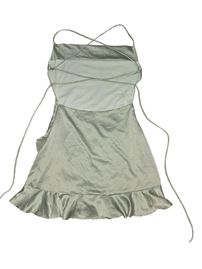 Princess Polly Darian Open Back Sage Green Ruffle Mini Dress SZ 4 Side Zip