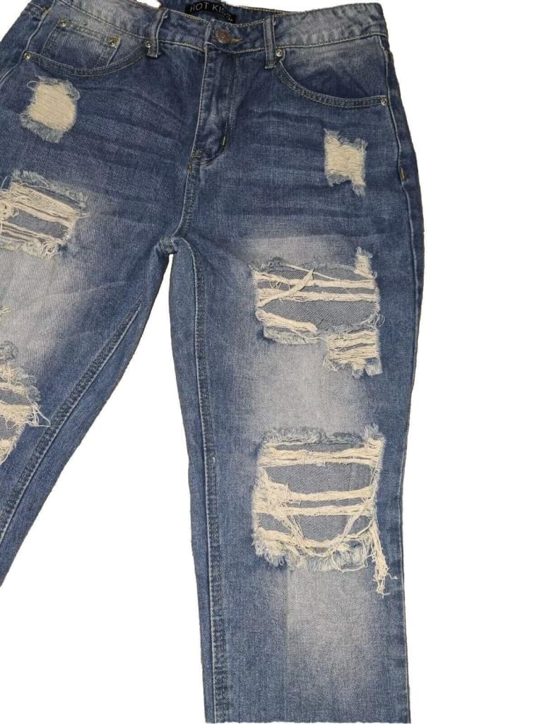 Hot Kiss Ultra Distressed High Rise Mom Jeans Size 7 Frayed Hem