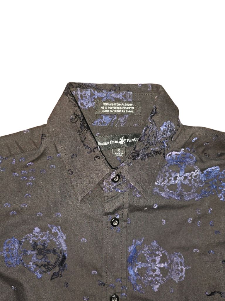 Men's Beverly Hills Polo Club Black and Blue Velvet Floral Button Up Shirt SMALL