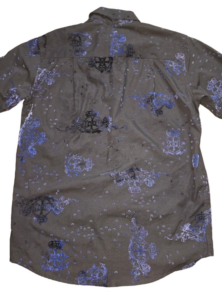 Men's Beverly Hills Polo Club Black and Blue Velvet Floral Button Up Shirt SMALL