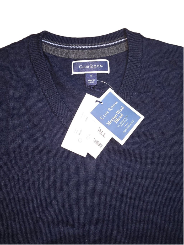 Men's Club Room Blue Merino Wool Blend V-Neck Sweater Size S