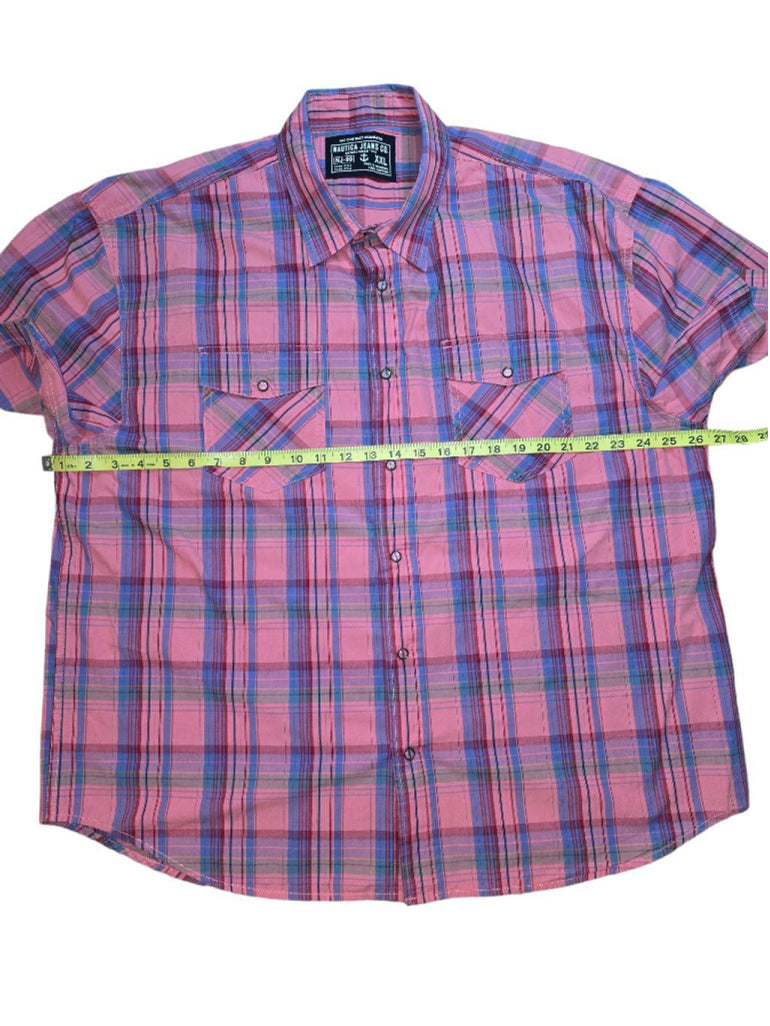 Vintage Men's Nautica XXL Pink Plaid Western Snap Button Short Sleeve Shirt