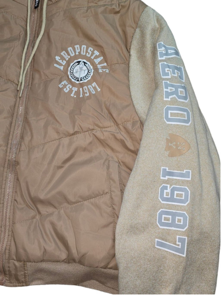 Aeropostale Hooded Puffer Jacket Size 4XL Tan Varsity 1987 Vintage Rare