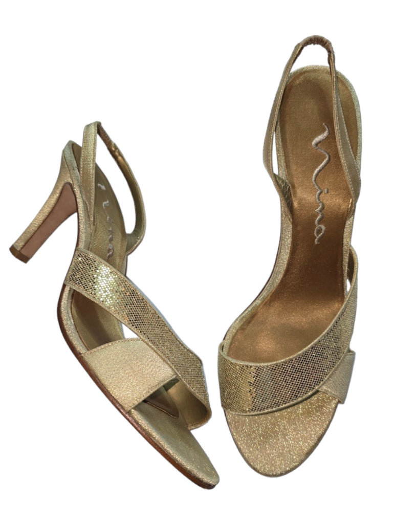 VTG NINA GLITZY CHAMPAGNE-GOLD ANKLE-STRAP PUMPS SANDALS SZ 10 Leather Formal