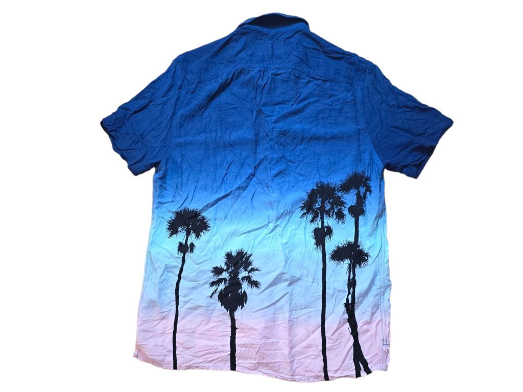 Men's Hollister Blue and Pink Palm Tree Shirt Lightweight Vacation Size L