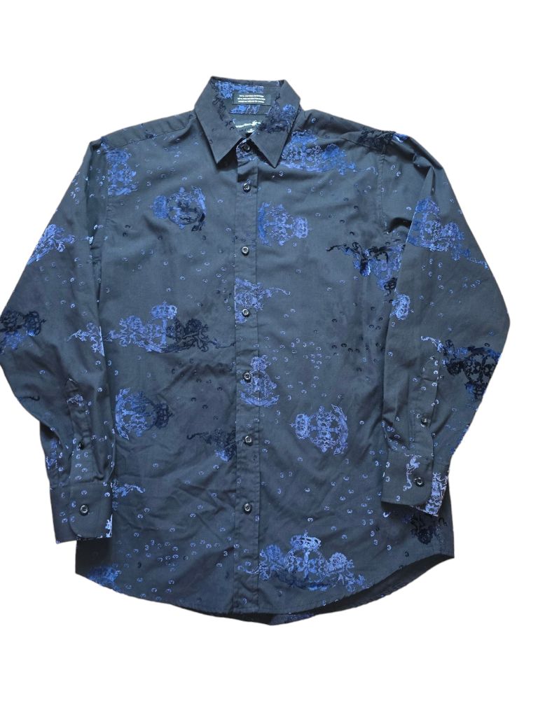 Men's Beverly Hills Polo Club Black and Blue Velvet Floral Button Up Shirt SMALL