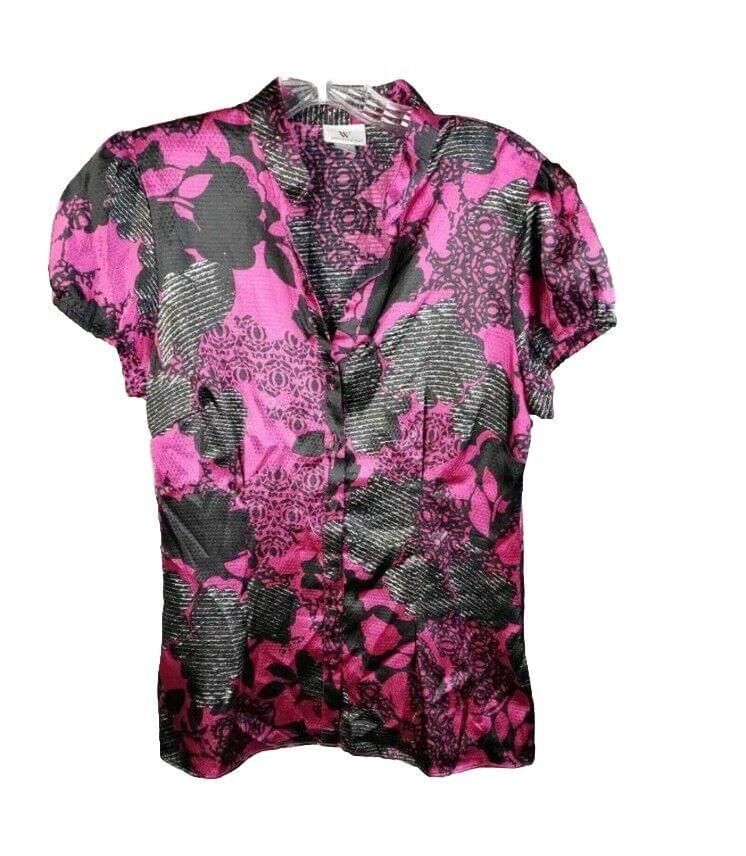 Worthington Button Front Fitted Cap SLEEVE Blouse Top SMALL Pink Black Floral