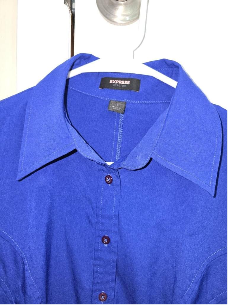 EXPRESS Stretch Fitted Button Up Shirt Sz 8 ROYAL Blue Long Sleeve Classic