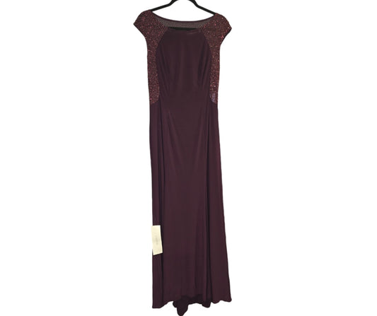 Women's Cache Wine Plum Maxi Beaded Sheer Evening Dress Size 12 Gown MSRP $258