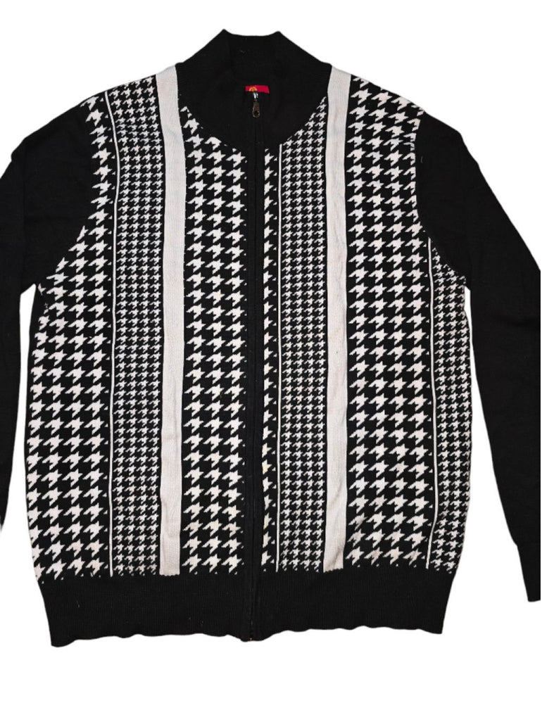 Men's R. Lewis Black and White Houndstooth Zip Cardigan Sweater XL