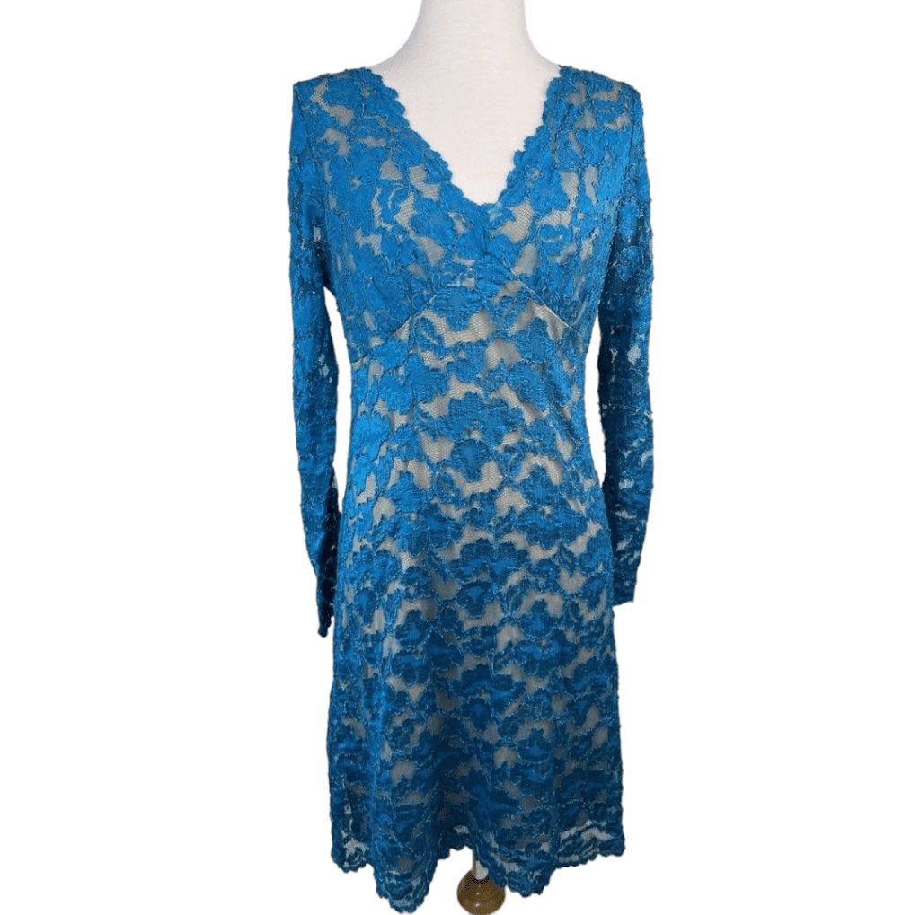 Women's Karen Kane Blue Lace A line Dress Long Sleeve Size L MSRP $108