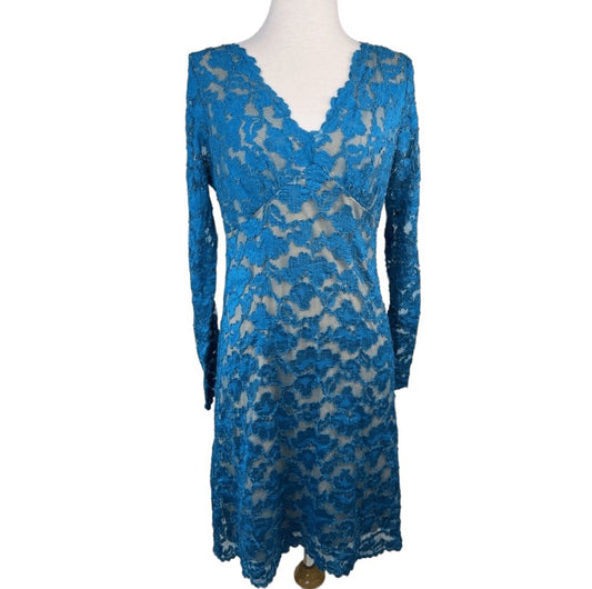 Women's Karen Kane Blue Lace A line Dress Long Sleeve Size L MSRP $108