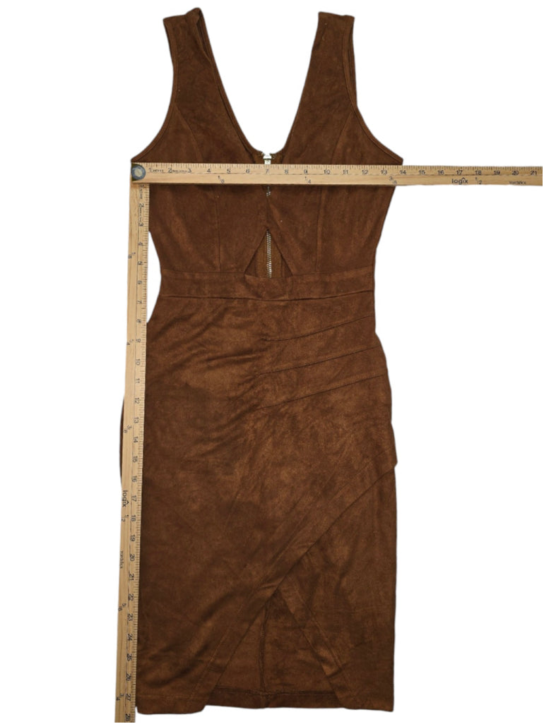 Women's Privy Faux Suede Bodycon Dress Brown Size Small Cutout Ruched Faux Wrap