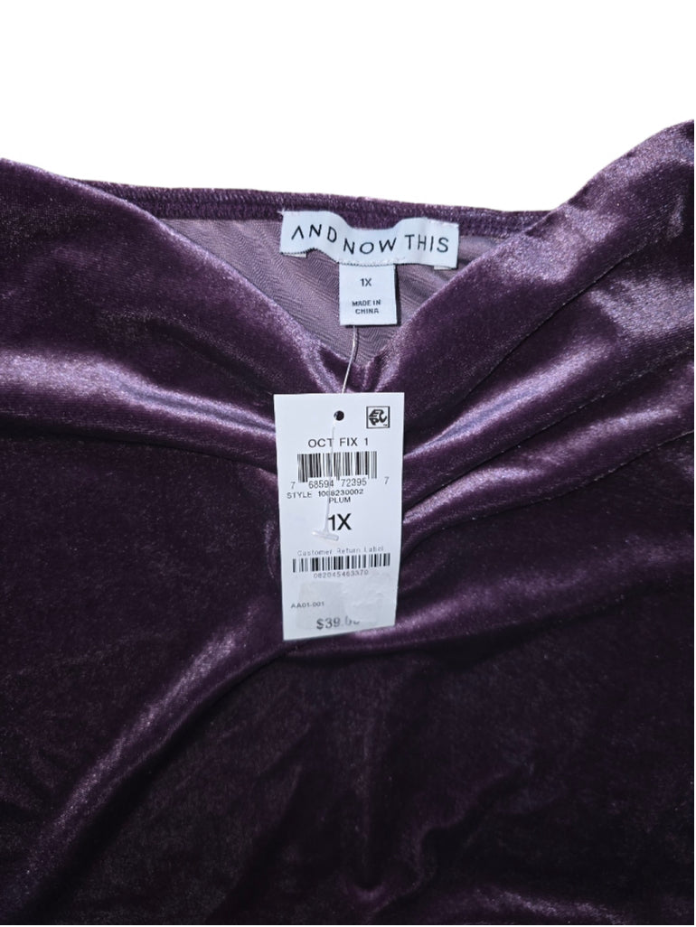 Women's And Now This Top 1X Purple Crushed Velvet Scrunch Sleeve Sweetheart Neck