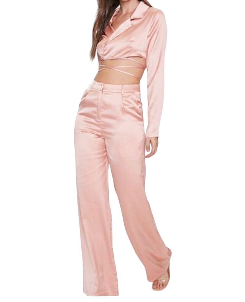 Forever 21 Pink Satin Wide Leg Pants Cropped Wrap Top Set Size M