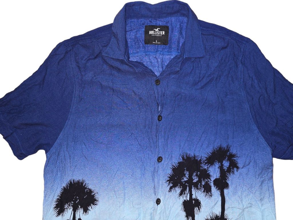 Men's Hollister Blue and Pink Palm Tree Shirt Lightweight Vacation Size L