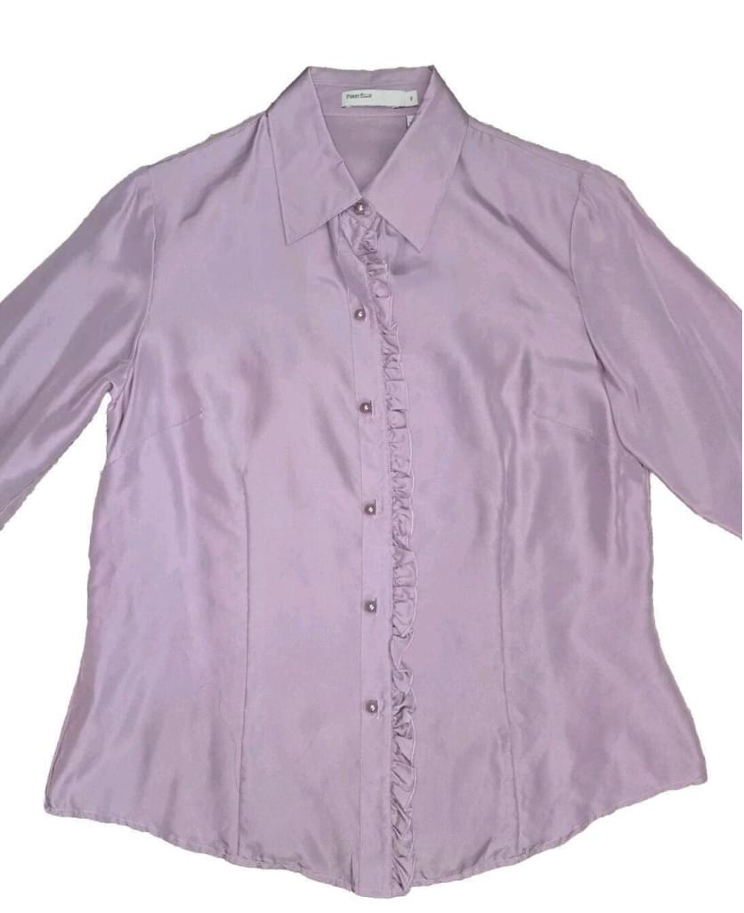 Perry Ellis 100% Silk Purple Lilic Long Sleeve Pearl Button Fitted Blouse Sz 8