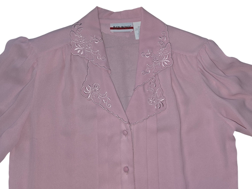 Vintage 60's Judy Bond Blouse Size 10 Pink Embroidered Collar Pleated Front