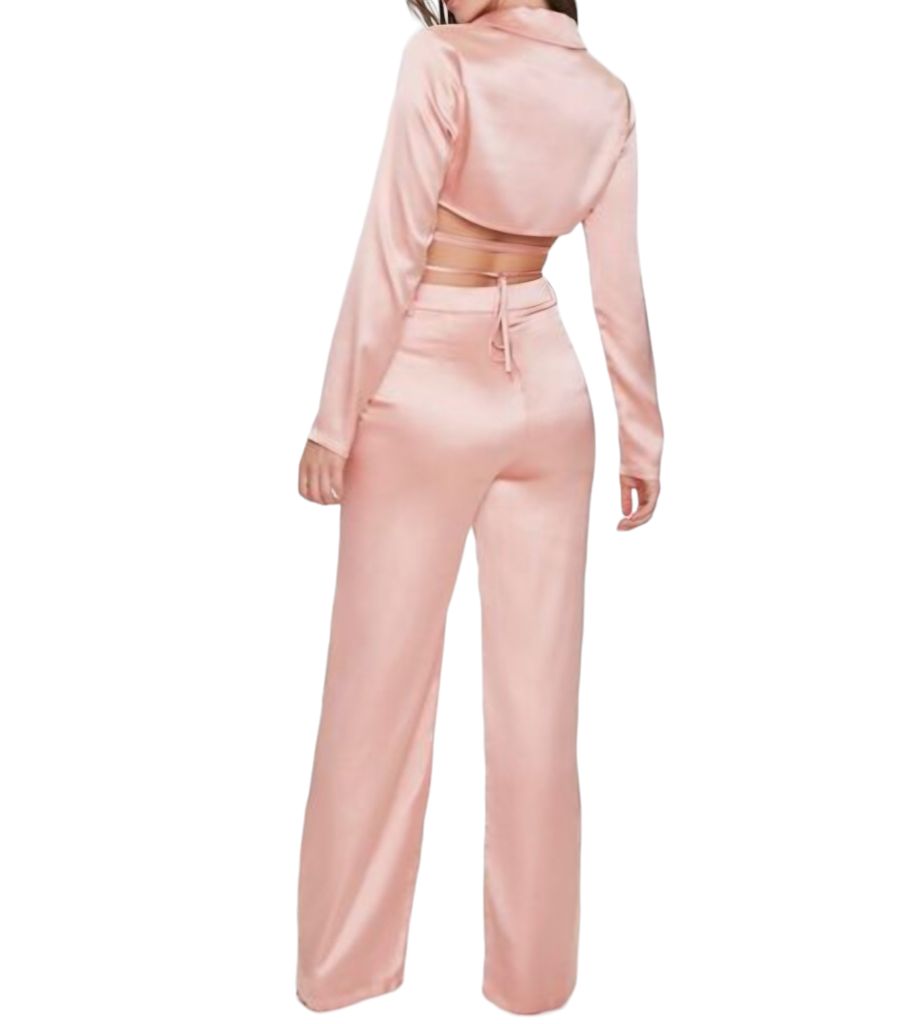 Forever 21 Pink Satin Wide Leg Pants Cropped Wrap Top Set Size M