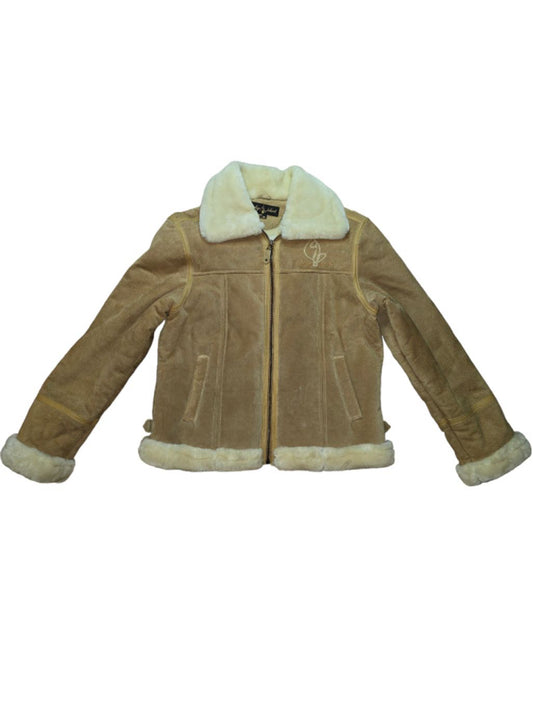 VTG Y2K 90's Baby Phat Beige Tan Genuime Leather  Faux Fur Bomber Jacket Size XL