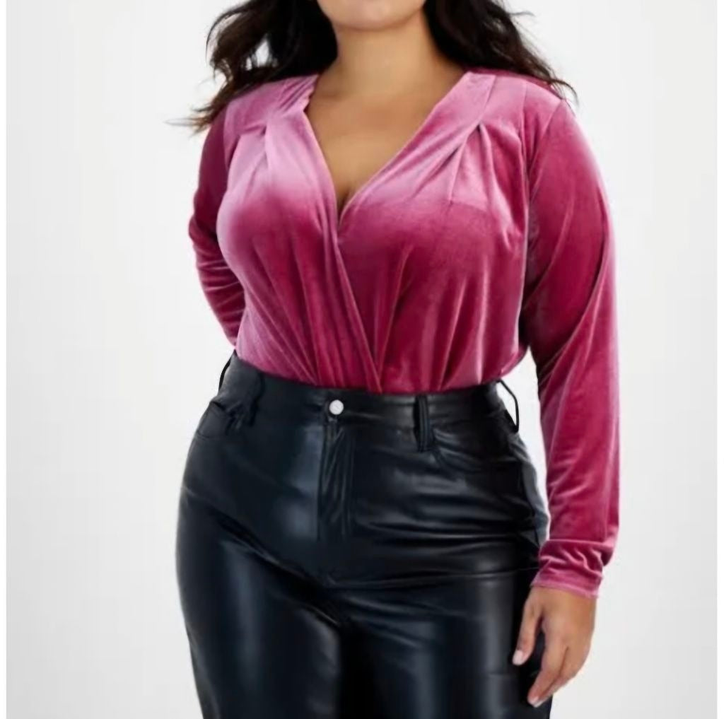 AND NOW THIS WOMEN'S BODYSUIT 1X RASBERRY RADIANCE VELVET LONG SLEEVES FUSCHIA