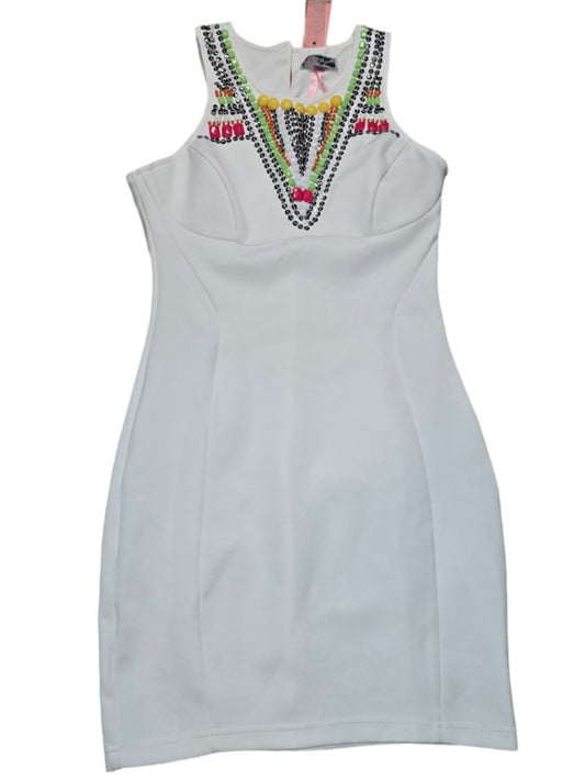 Women's Lipsy London Dress White Beaded Neon Multi Bodycon Fitted US 8