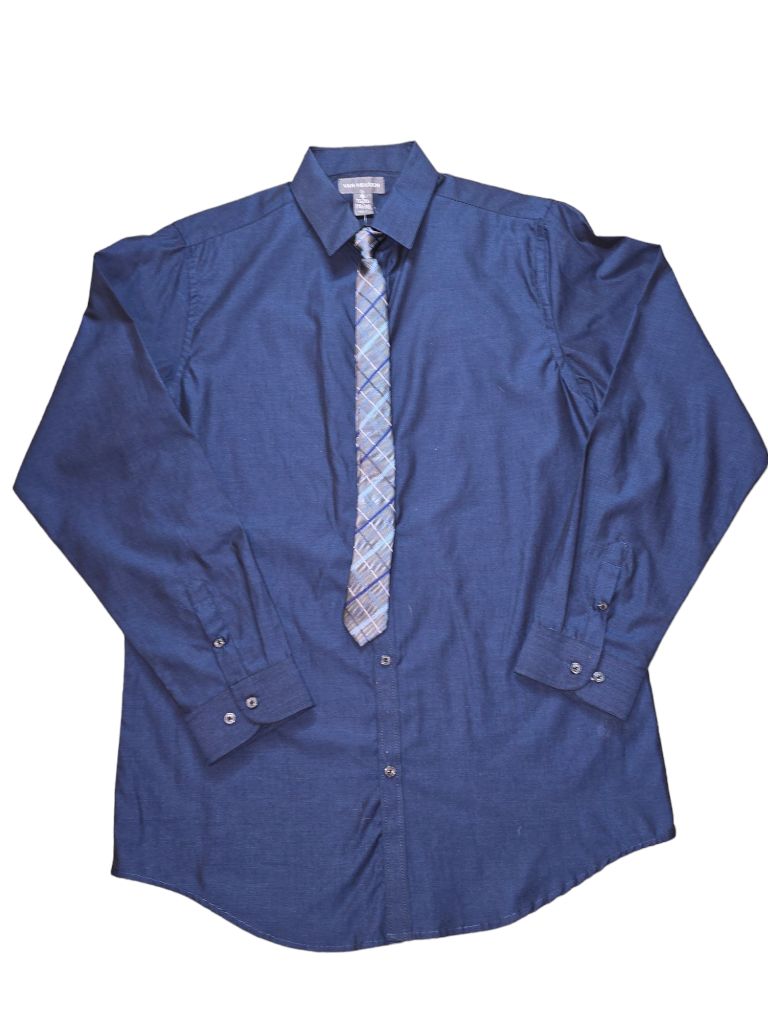 Boy's Van Heusen Dark Blue Shimmer Dress Shirt With Clip On Tie XL 18/20