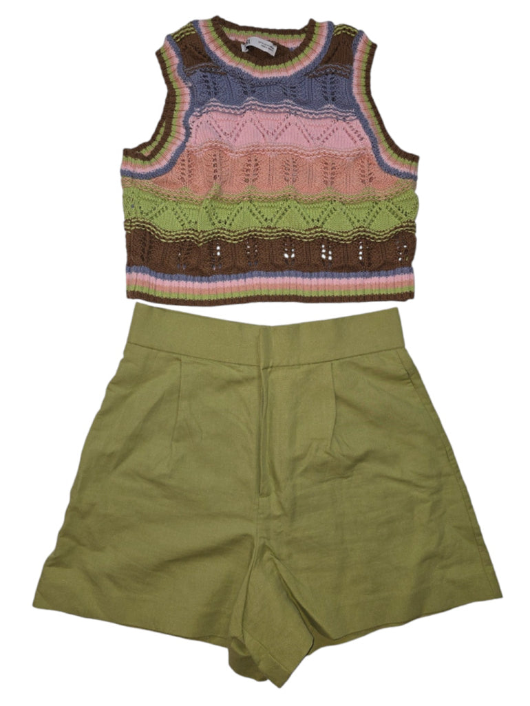 Women Zara Matching Set Crochet Crop Top M and Linen Green Shorts L Vintage Styl