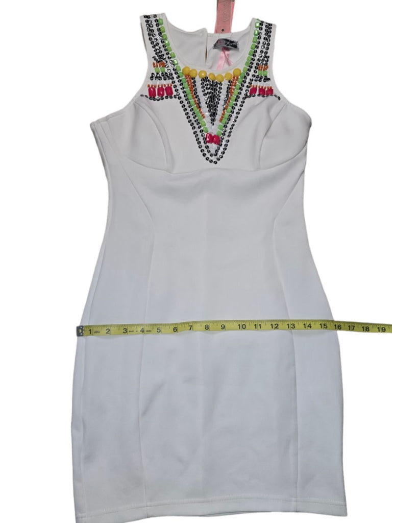 Women's Lipsy London Dress White Beaded Neon Multi Bodycon Fitted US 8