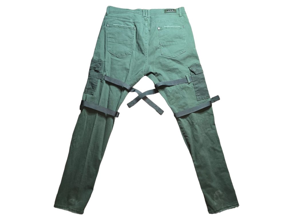 Men's Preme Green Cargo Pants with Chains and Straps Tactical Punk Size 36 X 33