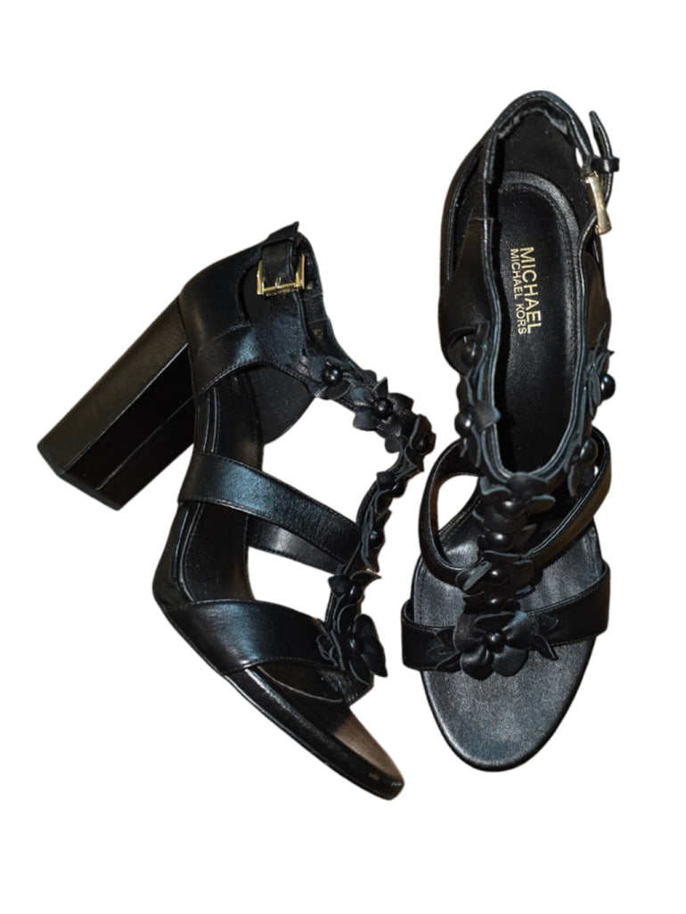 MICHAEL Kors Tricia Block-Heel Floral Embellishment TStrap Sandal black Size 9