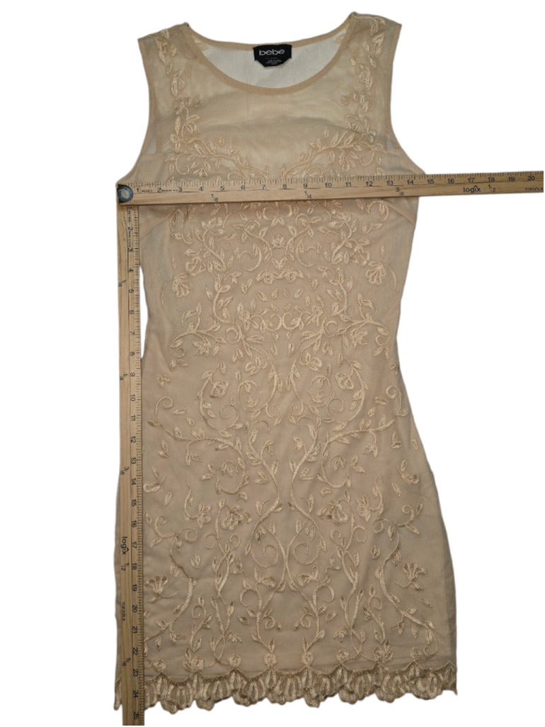 Vintage Y2K Women Bebe Nude Lace Dress XS Beige Sheer Embroidered Bodycon Mini