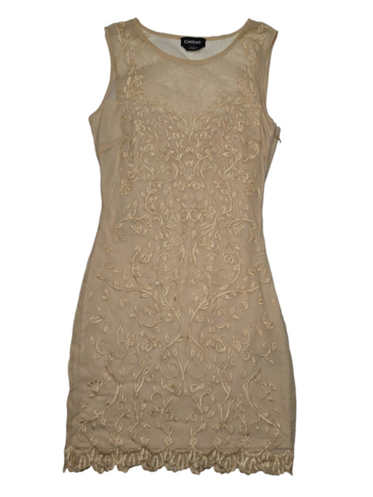 Vintage Y2K Women Bebe Nude Lace Dress XS Beige Sheer Embroidered Bodycon Mini