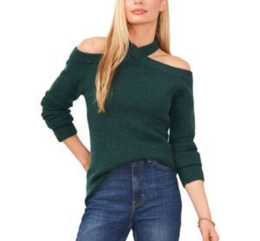 Women's Sam and Jess Long Sleeve Cold-Shoulder Sweater SZ  Large Green MSRP $69